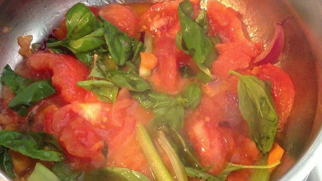 Soffritto con pomodori, cipolla e basilico