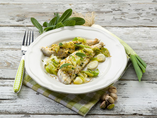fish fillet with pistachio sage and leek