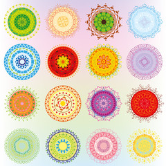 Big set with colorful ornaments in the form of mandalas