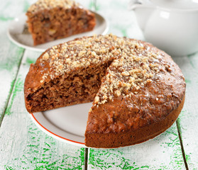 Walnut cake on a white table