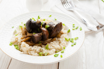 rice with Brown cap boletus and cream on a white plate