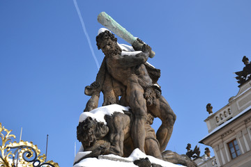 Hradcany castle and Battling Titan statue