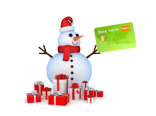 Snowman with credit card and gift boxes.
