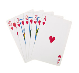 Obraz premium Royal straight flush playing cards poker hand in hearts