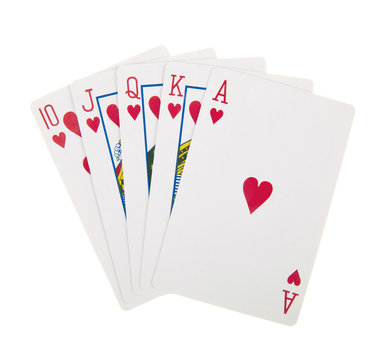 Royal straight flush playing cards poker hand in hearts