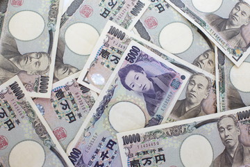 5000 Japanese yen notes. Currency of Japan