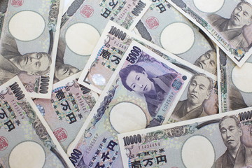 5000 Japanese yen notes. Currency of Japan