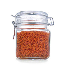 Jar with lentils, isolated on white