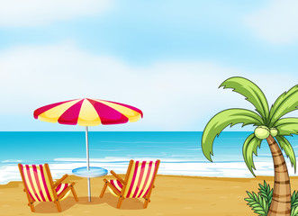 Fototapeta na wymiar Plaży z parasolem i krzesła
