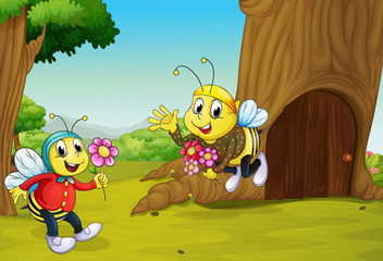 De twee bijen bij een boomhut