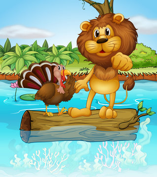 A turkey and a lion above a floating trunk