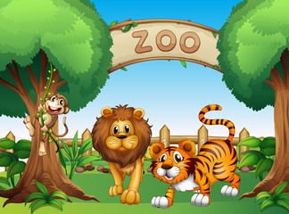 Obraz na płótnie Canvas Małpa, lew i tygrys wewnątrz drewniany płot
