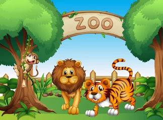 Foto op Aluminium Zoo Een aap, een leeuw en een tijger binnen het houten hek