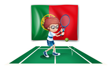 A Portugal flag at the back of a boy playing tennis