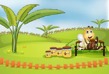 Raamstickers Een bij zittend op de bank met potjes honing © GraphicsRF