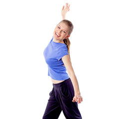 Fresh energetic female doing aerobics zumba dance isolated