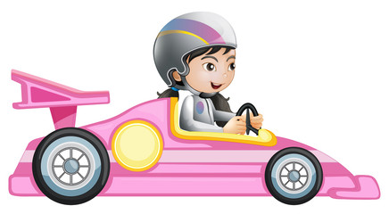 A girl riding in a pink racing car