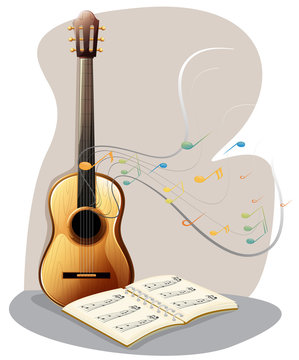 A guitar with a musical book