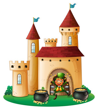 A man in front of a castle with two pots of gold