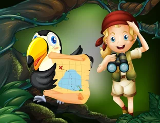 Photo sur Plexiglas Animaux de la forêt Une fille avec un perroquet tenant une carte