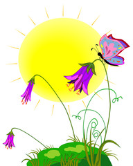 Painted meadow with the sun, flowers and butterflies