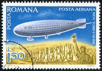 stamp printed by Romania, shows dirigible