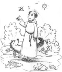 Coloring image of Saint Francis with wild animals