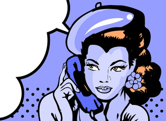 retro woman in chat by phone retro background or banner - 50411717