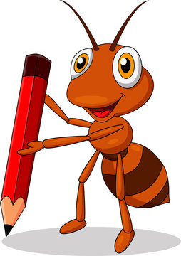 Cute ant cartoon with red pencil