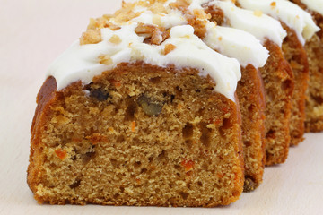 Carrot and walnut cake with marzipan icing, close up