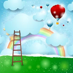 Crédence de cuisine en verre imprimé Arc en ciel Fond de fantaisie avec arc-en-ciel et ballons