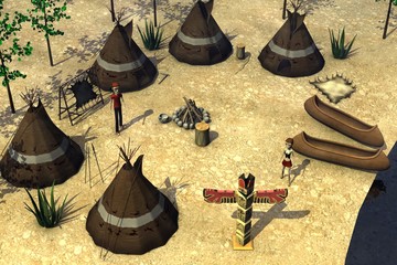 3D-Darstellung von Zeichentrickfigur im indischen Dorf