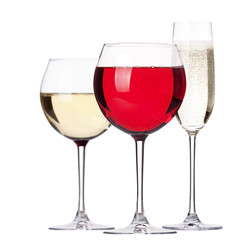 glass of white and red wine with champagne set isolated