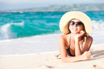 long haired girl in bikini on tropical boracay beach