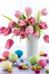 Pink tulips and Easter eggs