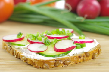 Fototapeta na wymiar slice of bread with cottage cheese and the vegetables