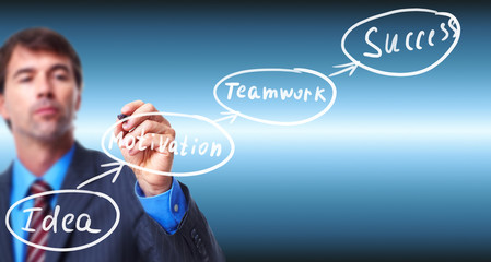 Businessman writing on blue screen.