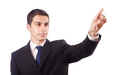 Young businessman pressing virtual buttons