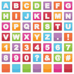 Fototapeta premium Alphabet icons sqaure vector clip bright symbols letters and numbers isolated on white with blanks