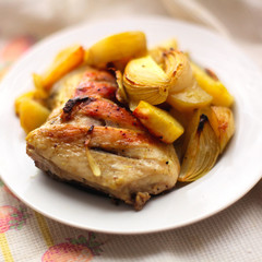 grilled chicken meat with vegetables, potato and onion