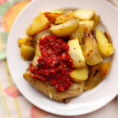 grilled chicken meat with vegetables, potato and onion