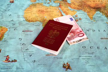 	Polish Passport and map of the world 