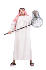 Arab businessman with catching net on white