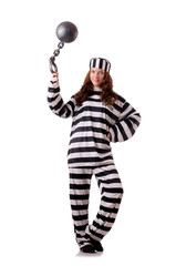 Prisoner in striped uniform on white
