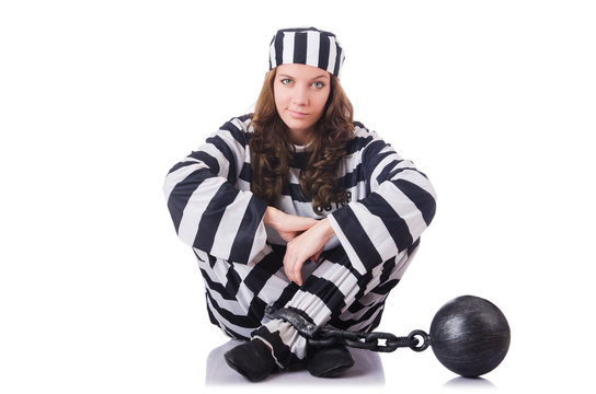 Prisoner in striped uniform on white