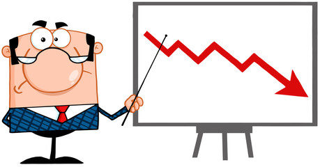 Angry Business Manager With Pointer Presenting A Falling Arrow