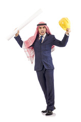 Arab engineer with drawings on white