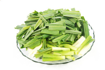 Chopped Leeks on white background