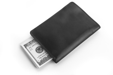 US dollars in a black wallet isolated on white