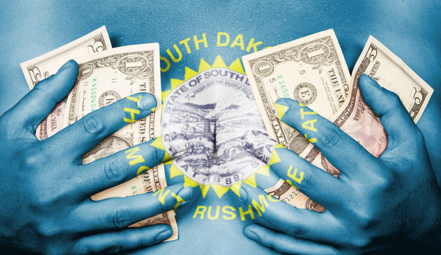 Sweaty girl covered her breast with money, flag of South Dakota